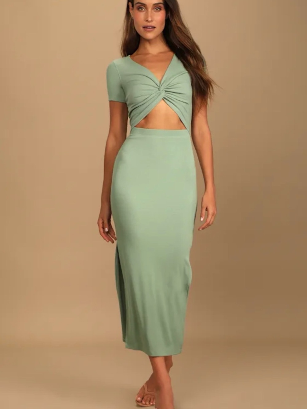 Lulus Sage Twist-Front Cutout Midi Dress